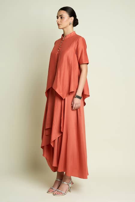 Buy_Aakaar_Orange Cotton, Silk Mandarin Collar Draped Layered Dress _Online_at_Aza_Fashions