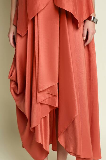 Shop_Aakaar_Orange Cotton, Silk Mandarin Collar Draped Layered Dress _Online_at_Aza_Fashions