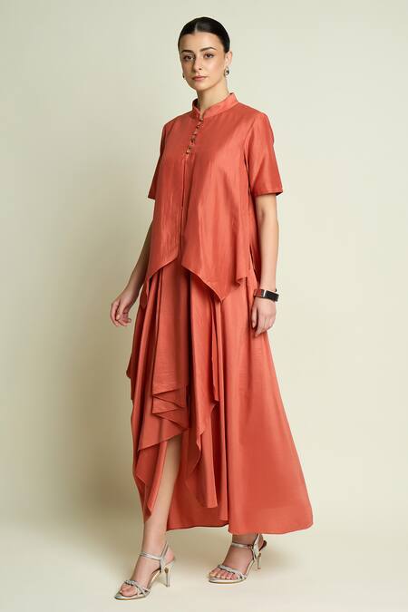 Aakaar_Orange Cotton, Silk Mandarin Collar Draped Layered Dress _at_Aza_Fashions