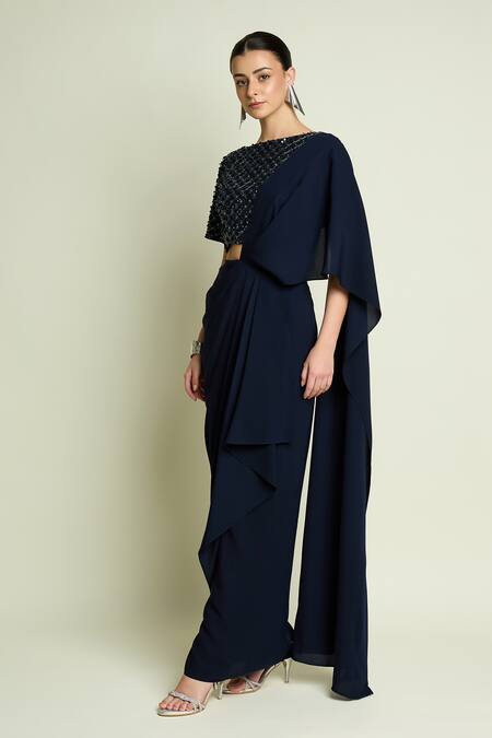 Buy_Aakaar_Navy Crepe Sequins, Beads Boat Neck Blouse And Pre-draped Saree _Online_at_Aza_Fashions