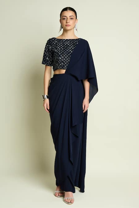 Shop_Aakaar_Navy Crepe Sequins, Beads Boat Neck Blouse And Pre-draped Saree _Online_at_Aza_Fashions