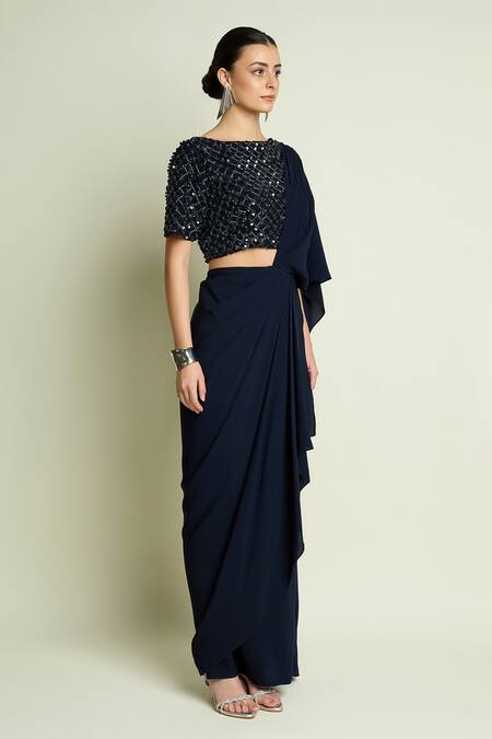 Aakaar_Navy Crepe Sequins, Beads Boat Neck Blouse And Pre-draped Saree _at_Aza_Fashions