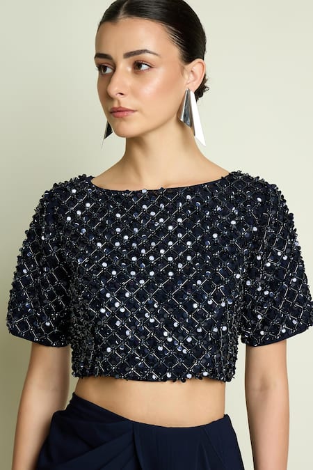 Buy_Aakaar_Navy Crepe Sequins, Beads Boat Neck Blouse And Pre-draped Saree 