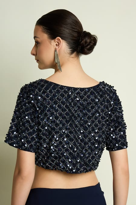 Shop_Aakaar_Navy Crepe Sequins, Beads Boat Neck Blouse And Pre-draped Saree 