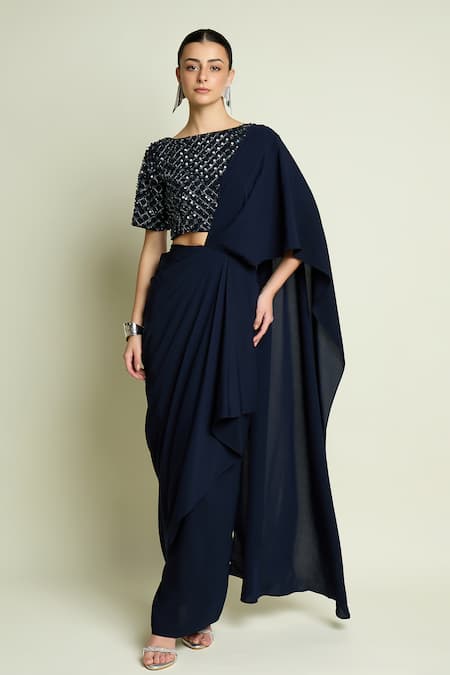 Aakaar Navy Crepe Sequins, Beads Boat Neck Net Embellished Blouse Online at Aza Fashions Aakaar_Navy Crepe Sequins, Beads Boat Neck Net Embellished Blouse _Online_at_Aza_Fashions