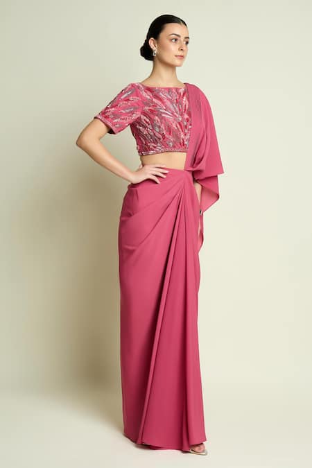 Aakaar Pink Crepe Sequins, Beads Boat Neck Embroidered Blouse With Pre-draped Saree Online at Aza Fashions Aakaar_Pink Crepe Sequins, Beads Boat Neck Embroidered Blouse With Pre-draped Saree _Online_at_Aza_Fashions