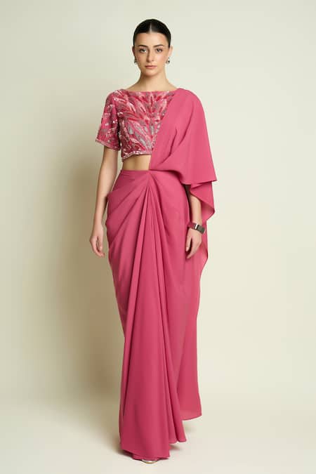 Shop Aakaar Pink Crepe Sequins, Beads Boat Neck Embroidered Blouse With Pre-draped Saree Online at Aza Fashions Shop_Aakaar_Pink Crepe Sequins, Beads Boat Neck Embroidered Blouse With Pre-draped Saree _Online_at_Aza_Fashions