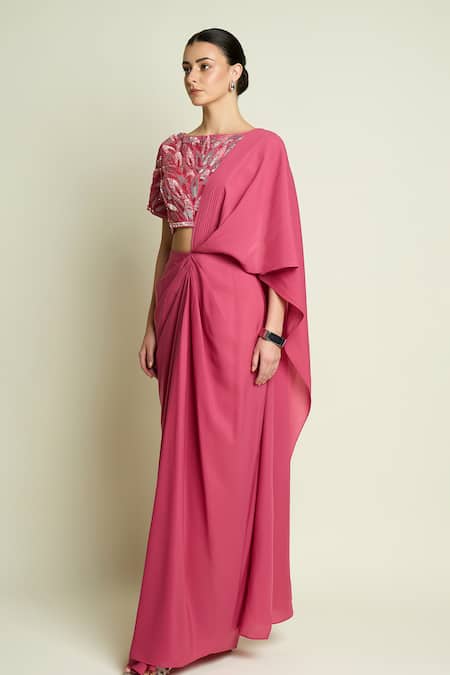 Aakaar Pink Crepe Sequins, Beads Boat Neck Embroidered Blouse With Pre-draped Saree at Aza Fashions Aakaar_Pink Crepe Sequins, Beads Boat Neck Embroidered Blouse With Pre-draped Saree _at_Aza_Fashions
