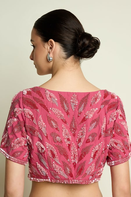 Shop Aakaar Pink Crepe Sequins, Beads Boat Neck Embroidered Blouse With Pre-draped Saree Shop_Aakaar_Pink Crepe Sequins, Beads Boat Neck Embroidered Blouse With Pre-draped Saree