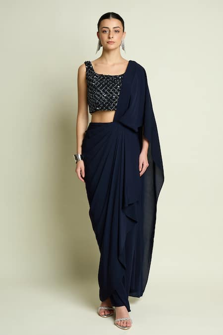 Aakaar_Navy Crepe Sequins, Beads Square Neck Blouse With Pre-draped Saree _at_Aza_Fashions
