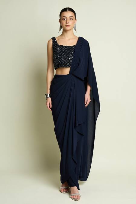 Aakaar Blue Crepe Sequins Square Neck And Beads Embroidered Blouse at Aza Fashions Aakaar_Blue Crepe Sequins Square Neck And Beads Embroidered Blouse _at_Aza_Fashions