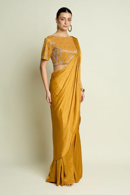 Aakaar_Yellow Silk Sequins, Embroidery Boat Geometric Blouse With Pre-draped Saree _Online_at_Aza_Fashions