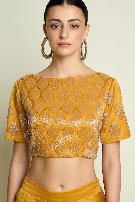Shop_Aakaar_Yellow Silk Sequins, Embroidery Boat Geometric Blouse With Pre-draped Saree _Online_at_Aza_Fashions