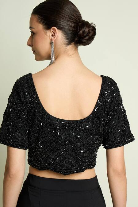 Buy_Aakaar_Black Crepe Sequins, Beads Boat Neck Embellished Blouse And Pre-draped Saree Set _Online_at_Aza_Fashions