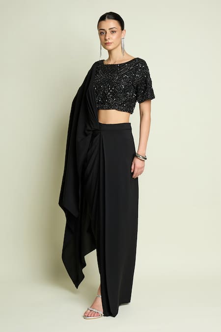 Shop_Aakaar_Black Crepe Sequins, Beads Boat Neck Embellished Blouse And Pre-draped Saree Set _Online_at_Aza_Fashions