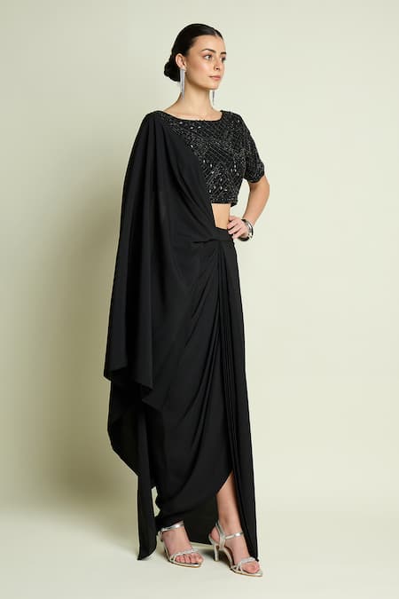 Aakaar_Black Crepe Sequins, Beads Boat Neck Embellished Blouse And Pre-draped Saree Set _at_Aza_Fashions