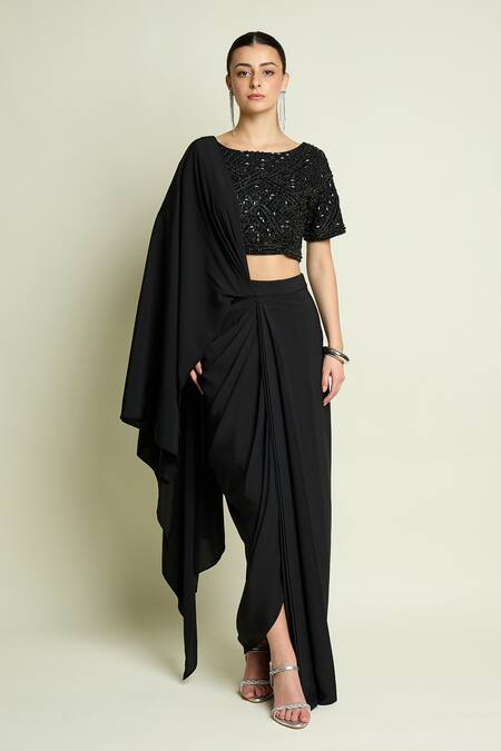 Aakaar_Black Crepe Beads, Sequins Boat Neck Embroidered Blouse _Online_at_Aza_Fashions
