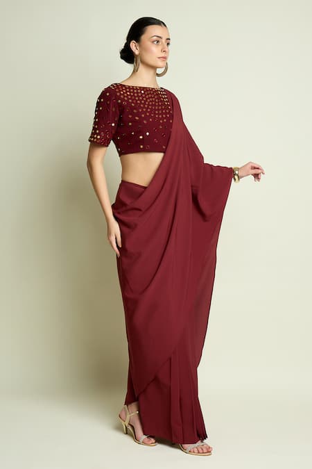 Aakaar_Maroon Crepe Mirrors Boat Neck Work Blouse With Pre-draped Saree _Online_at_Aza_Fashions