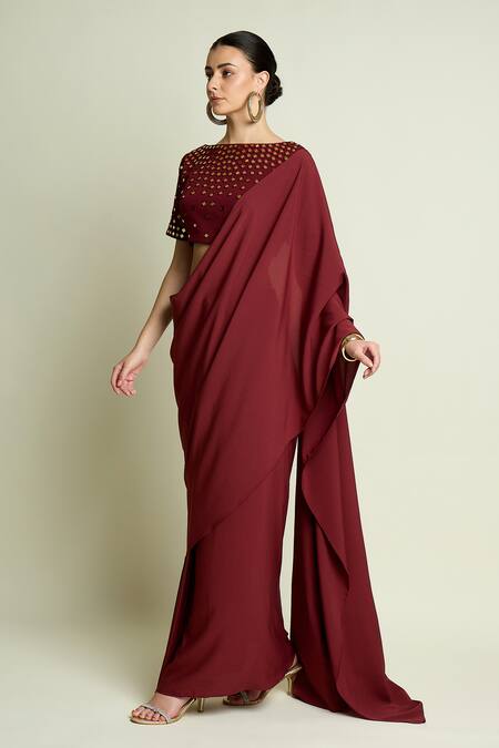 Buy_Aakaar_Maroon Crepe Mirrors Boat Neck Work Blouse With Pre-draped Saree _Online_at_Aza_Fashions