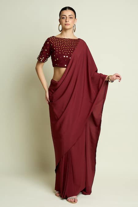 Aakaar Mirror Work Blouse With Pre-Draped Saree 