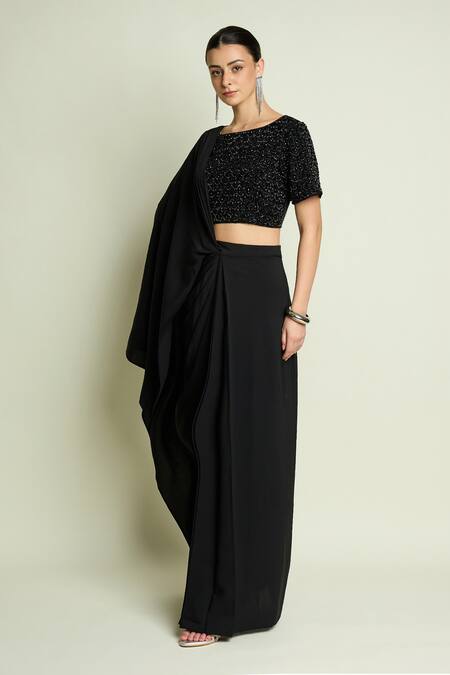 Aakaar_Black Crepe Beads, Sequins Boat Neck Embellished Blouse With Pre-draped Saree _Online_at_Aza_Fashions
