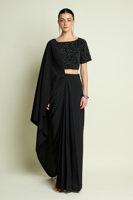 Buy_Aakaar_Black Crepe Beads, Sequins Boat Neck Embellished Blouse With Pre-draped Saree _Online_at_Aza_Fashions