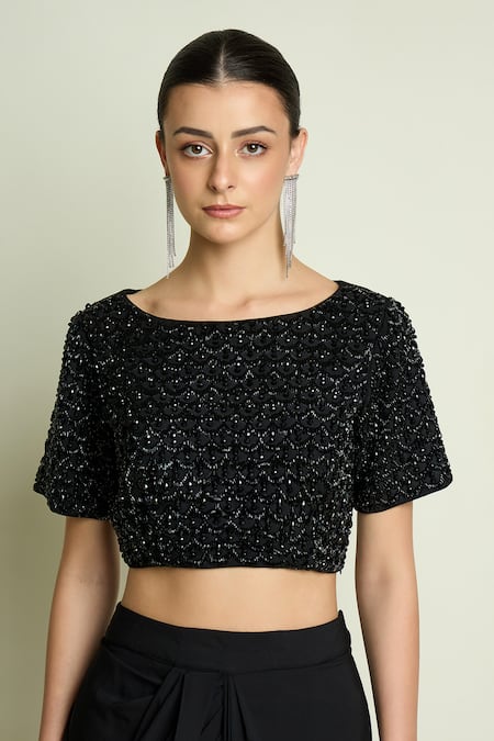 Aakaar_Black Crepe Beads, Sequins Boat Neck Embellished Blouse With Pre-draped Saree _at_Aza_Fashions