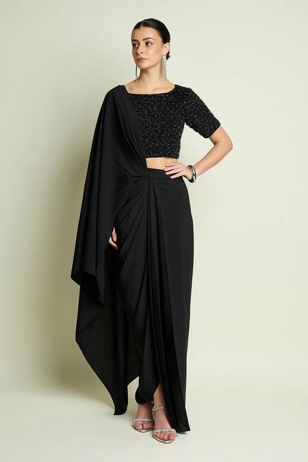 Aakaar_Black Crepe Beads, Sequins Boat Neck Embroidered Round Blouse _Online_at_Aza_Fashions