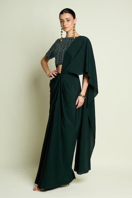 Aakaar_Emerald Green Crepe Beads, Sequins Boat Embroidered Blouse With Pre-draped Saree _Online_at_Aza_Fashions
