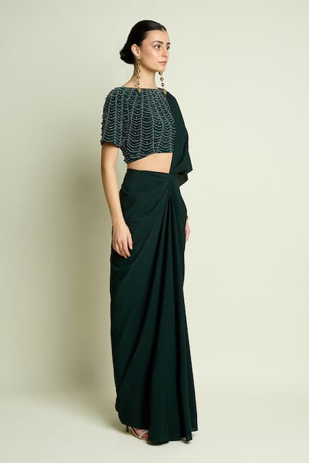Buy_Aakaar_Emerald Green Crepe Beads, Sequins Boat Embroidered Blouse With Pre-draped Saree _Online_at_Aza_Fashions