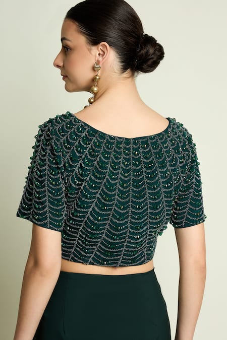 Shop_Aakaar_Emerald Green Crepe Beads, Sequins Boat Embroidered Blouse With Pre-draped Saree _Online_at_Aza_Fashions