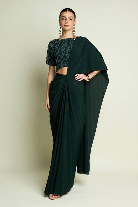 Aakaar_Green Crepe Beads Boat Neck Embroidered Moss Blouse _Online_at_Aza_Fashions