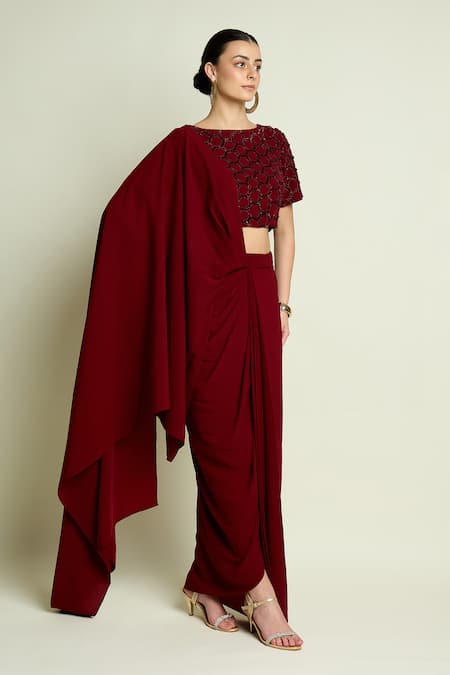 Aakaar Maroon Crepe Beads, Sequins Hexagon Embellished Blouse With Pre-draped Saree Online at Aza Fashions Aakaar_Maroon Crepe Beads, Sequins Hexagon Embellished Blouse With Pre-draped Saree _Online_at_Aza_Fashions