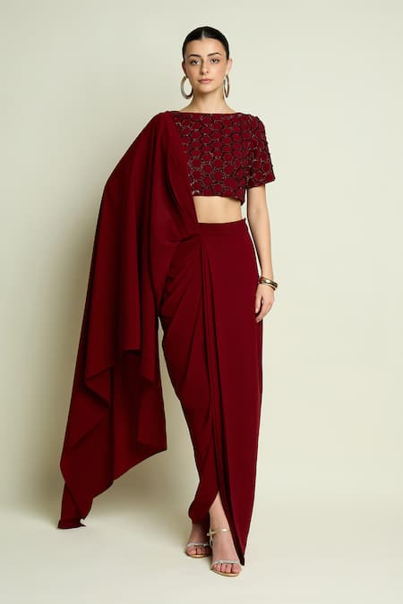 Buy Aakaar Maroon Crepe Beads, Sequins Hexagon Embellished Blouse With Pre-draped Saree Online at Aza Fashions Buy_Aakaar_Maroon Crepe Beads, Sequins Hexagon Embellished Blouse With Pre-draped Saree _Online_at_Aza_Fashions