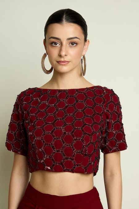 Shop Aakaar Maroon Crepe Beads, Sequins Hexagon Embellished Blouse With Pre-draped Saree Online at Aza Fashions Shop_Aakaar_Maroon Crepe Beads, Sequins Hexagon Embellished Blouse With Pre-draped Saree _Online_at_Aza_Fashions