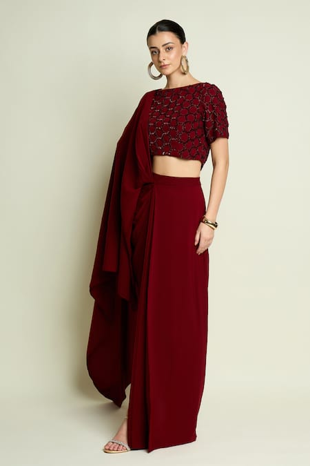 Aakaar Maroon Crepe Beads, Sequins Hexagon Embellished Blouse With Pre-draped Saree at Aza Fashions Aakaar_Maroon Crepe Beads, Sequins Hexagon Embellished Blouse With Pre-draped Saree _at_Aza_Fashions