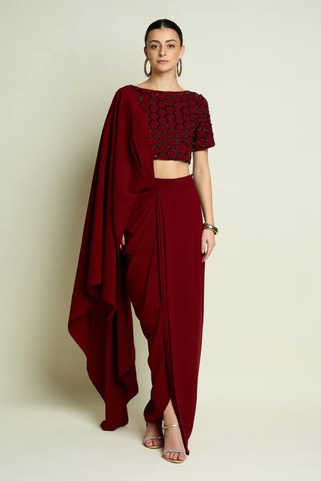 Aakaar_Maroon Crepe Beads, Sequins Boat Neck Hexagonal Embroidered Blouse _Online_at_Aza_Fashions