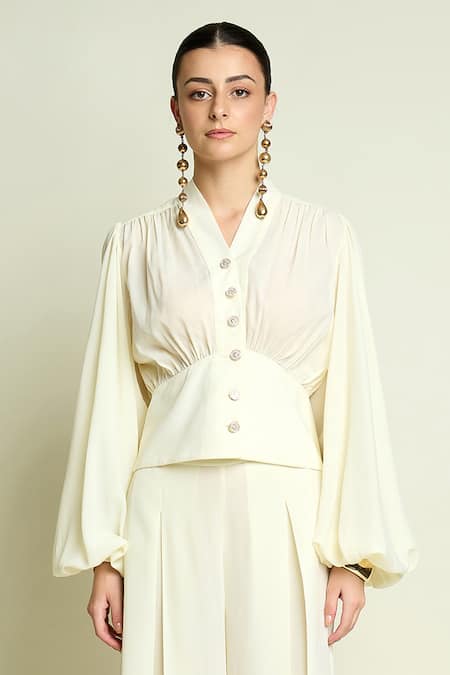 Shop_Aakaar_Off White Crepe V-neck V Buttoned Top And Pleated Pant Set _Online_at_Aza_Fashions