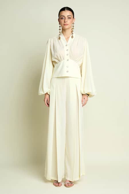 Aakaar V Neck Buttoned Top & Pleated Pant Set 