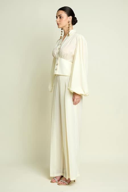 Aakaar_Off White Crepe V-neck V Buttoned Top And Pleated Pant Set _at_Aza_Fashions