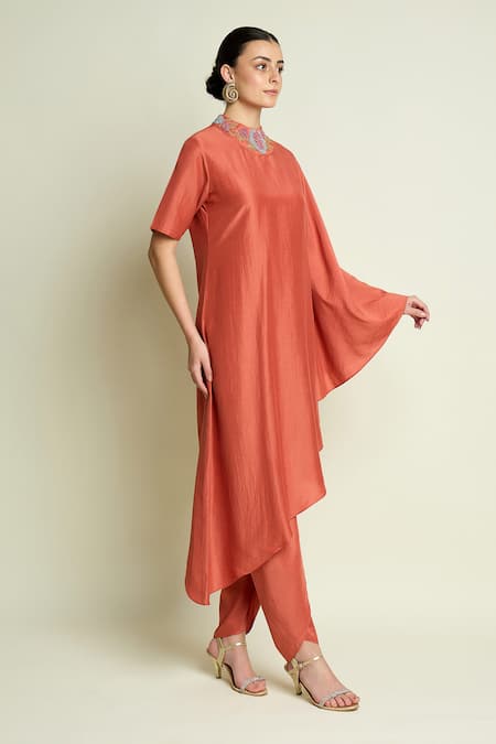 Aakaar_Orange Cotton, Silk Beads, Embroidery Round Neck Asymmetric Tunic And Pant Set _Online_at_Aza_Fashions