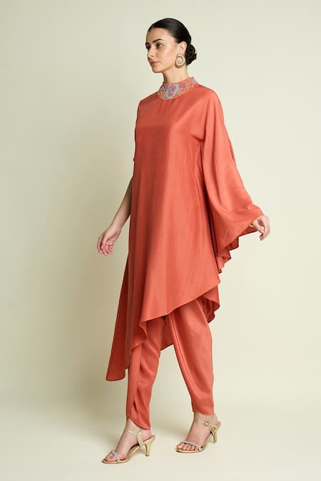 Shop_Aakaar_Orange Cotton, Silk Beads, Embroidery Round Neck Asymmetric Tunic And Pant Set _Online_at_Aza_Fashions