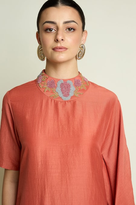 Aakaar_Orange Cotton, Silk Beads, Embroidery Round Neck Asymmetric Tunic And Pant Set _at_Aza_Fashions