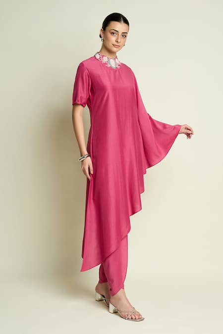 Buy Aakaar Pink Cotton, Silk Beads, Embroidery Round Neck Asymmetric Tunic And Pant Set Online at Aza Fashions Buy_Aakaar_Pink Cotton, Silk Beads, Embroidery Round Neck Asymmetric Tunic And Pant Set _Online_at_Aza_Fashions