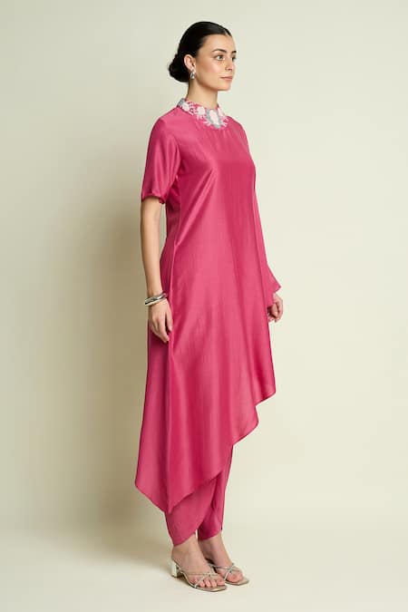 Aakaar Pink Cotton, Silk Beads, Embroidery Round Neck Asymmetric Tunic And Pant Set at Aza Fashions Aakaar_Pink Cotton, Silk Beads, Embroidery Round Neck Asymmetric Tunic And Pant Set _at_Aza_Fashions