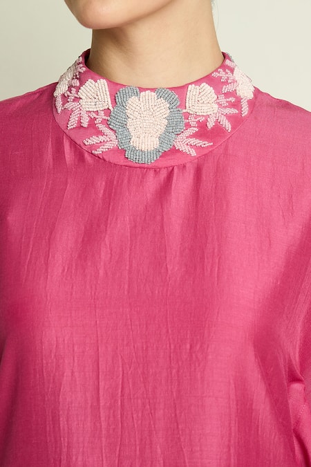 Buy Aakaar Pink Cotton, Silk Beads, Embroidery Round Neck Asymmetric Tunic And Pant Set Buy_Aakaar_Pink Cotton, Silk Beads, Embroidery Round Neck Asymmetric Tunic And Pant Set