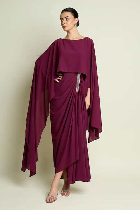 Aakaar_Purple Crepe Metallic Thread Boat Neck Draped Cape Dress _Online_at_Aza_Fashions