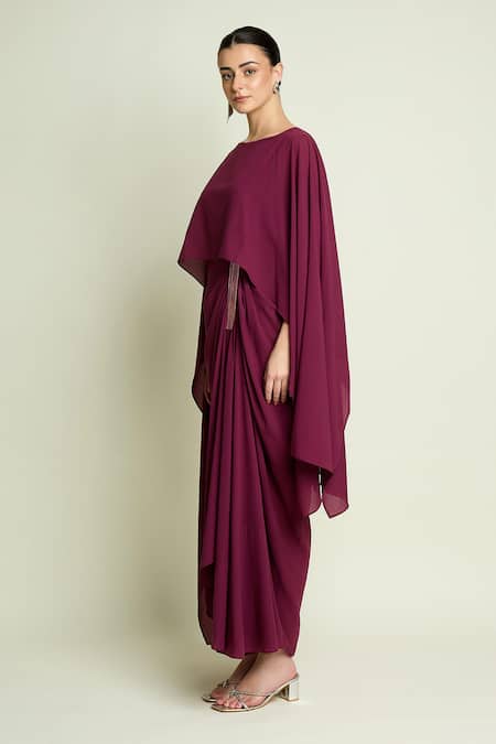 Buy_Aakaar_Purple Crepe Metallic Thread Boat Neck Draped Cape Dress _Online_at_Aza_Fashions