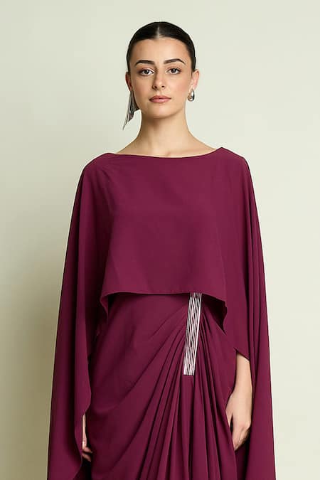 Shop_Aakaar_Purple Crepe Metallic Thread Boat Neck Draped Cape Dress _Online_at_Aza_Fashions