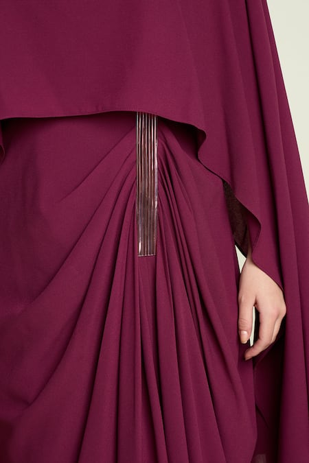 Aakaar_Purple Crepe Metallic Thread Boat Neck Draped Cape Dress _at_Aza_Fashions